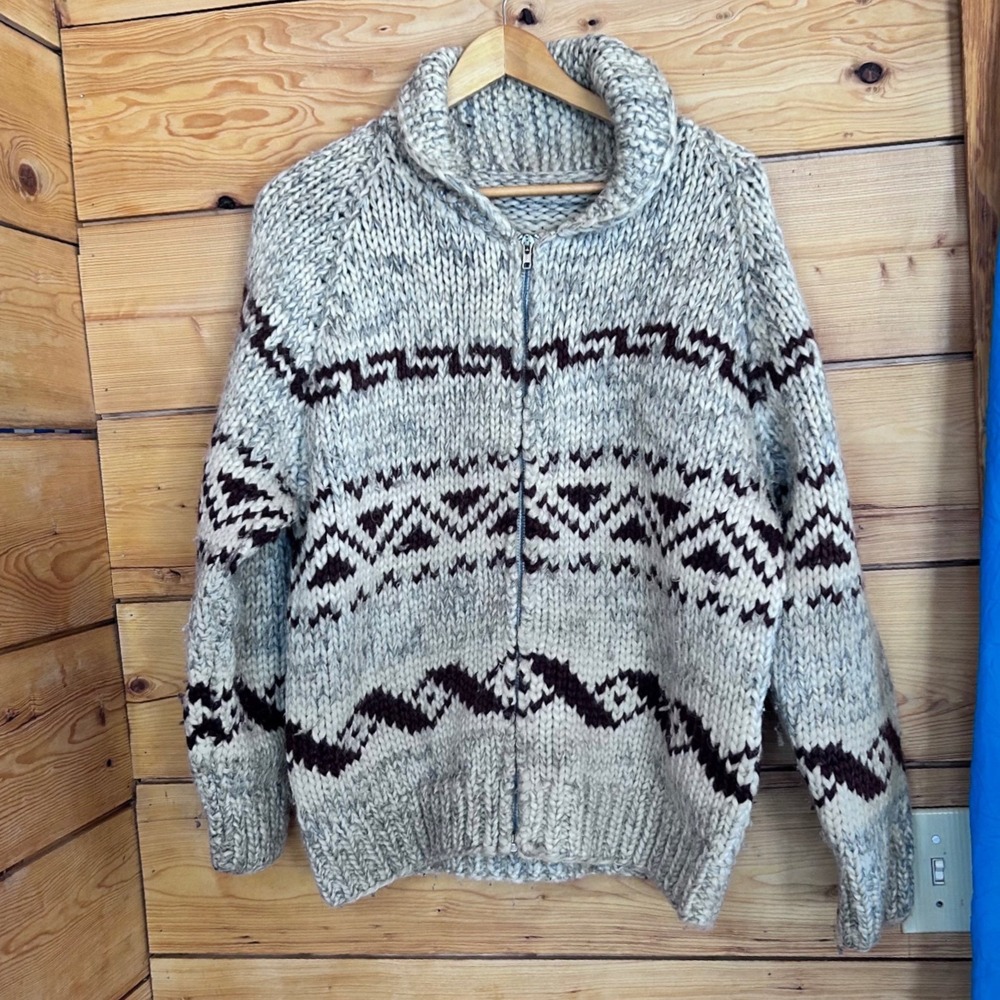Vintage Wool Cowichan Sweater Jacket Unisex Large Beige Brown Geometric Handmade